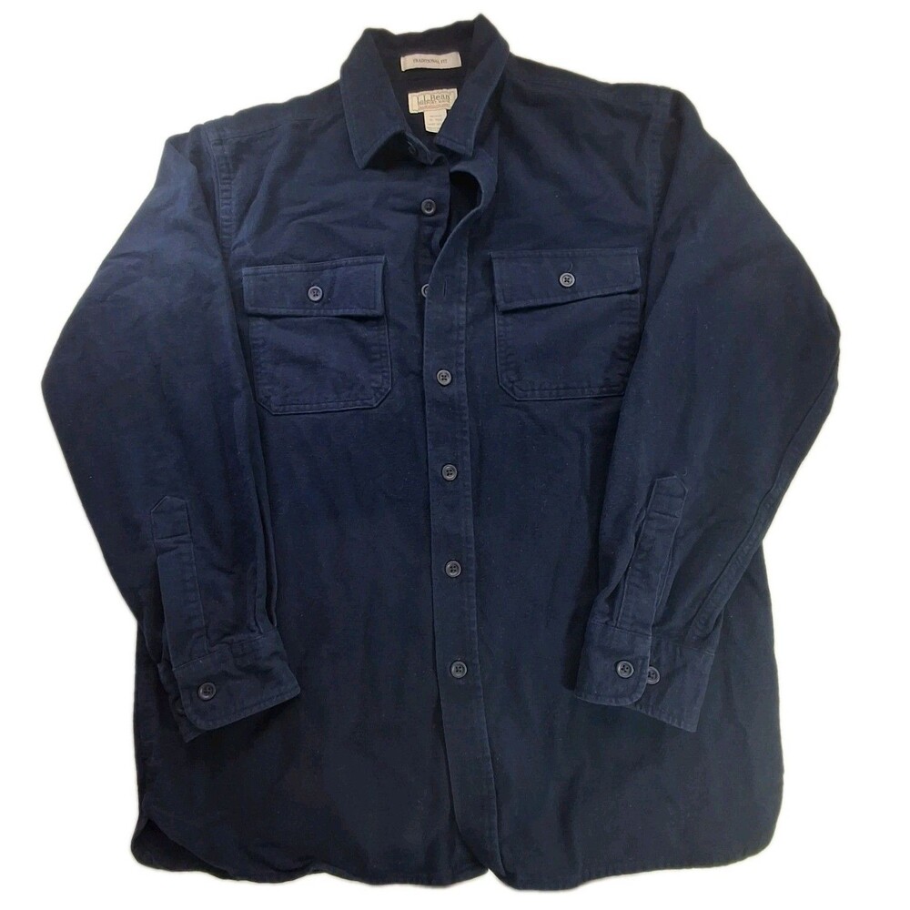 Vintage LL Bean Sz M Chamois Flannel Navy Long Sleeve Button Shirt Mens Shacket